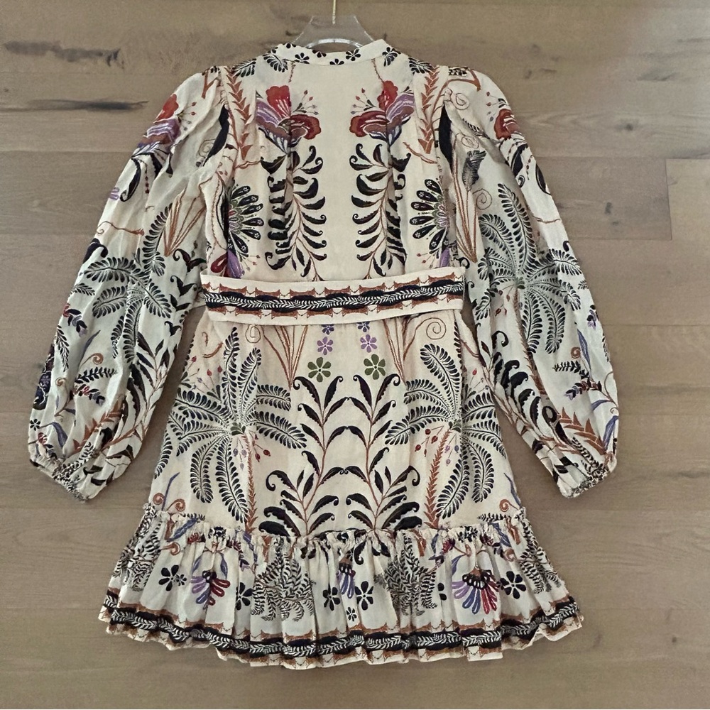 FARM RIO Nature Mini Dress Romantic Bead Belt Maximalist Puff Beige Size Medium - Picture 11 of 16